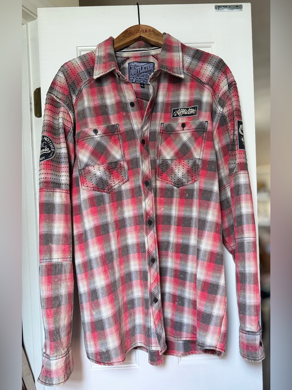 Affliction Men's Red & Gray Plaid Button-Up Shirt. 2xl